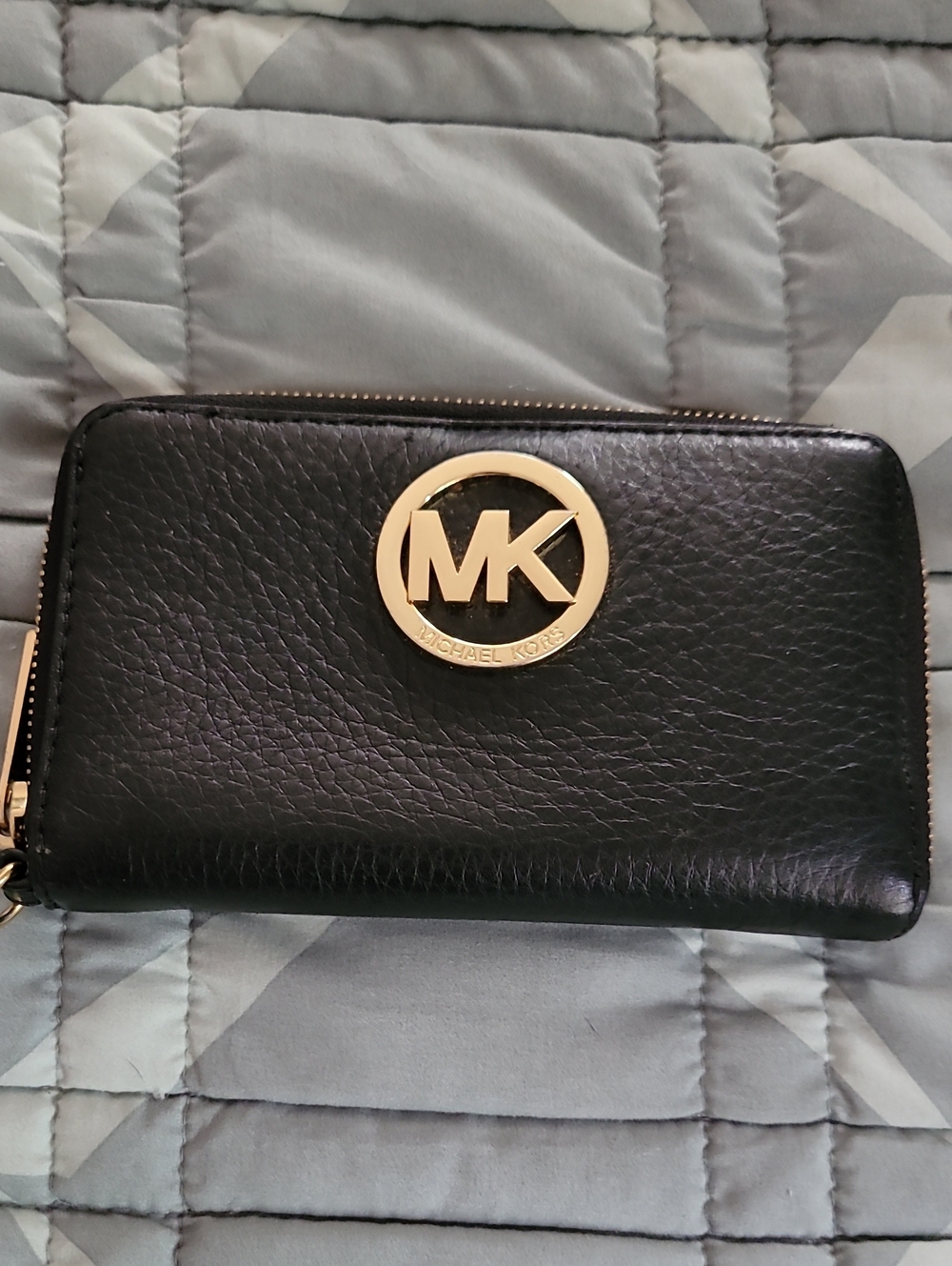 Michael Kors Black Leather Zip-Around Wallet with Gold MK Emblem